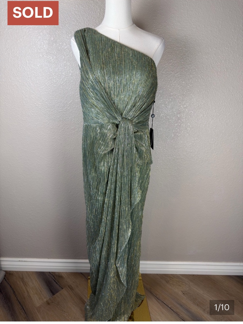 Adrianna Papell One-Shoulder Stardust Metallic Green Knot-Front Gown